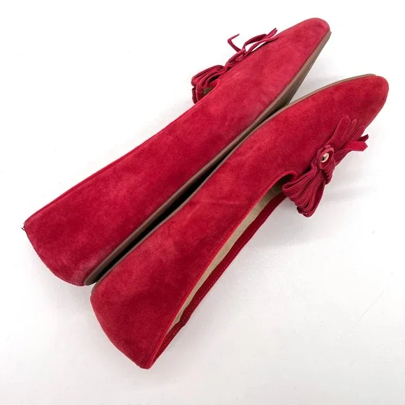 BIRDIES Red Cardinal Suede Flat Womens 9.5 Kiltie Fringe Faux Fur Lined Loafer - Picture 5 of 14